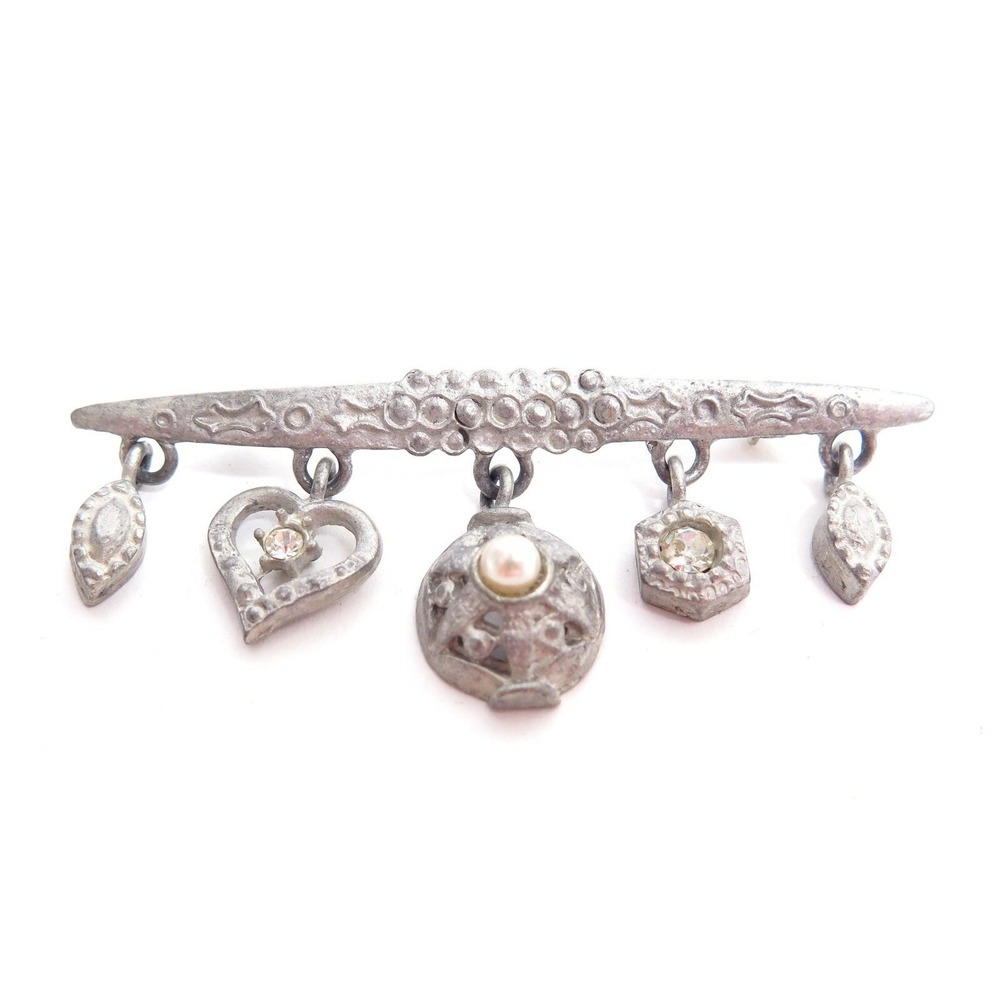 Victorian Revival Pewter Rhinestone Charm Dangle Vintage Bar Pin Brooch A998